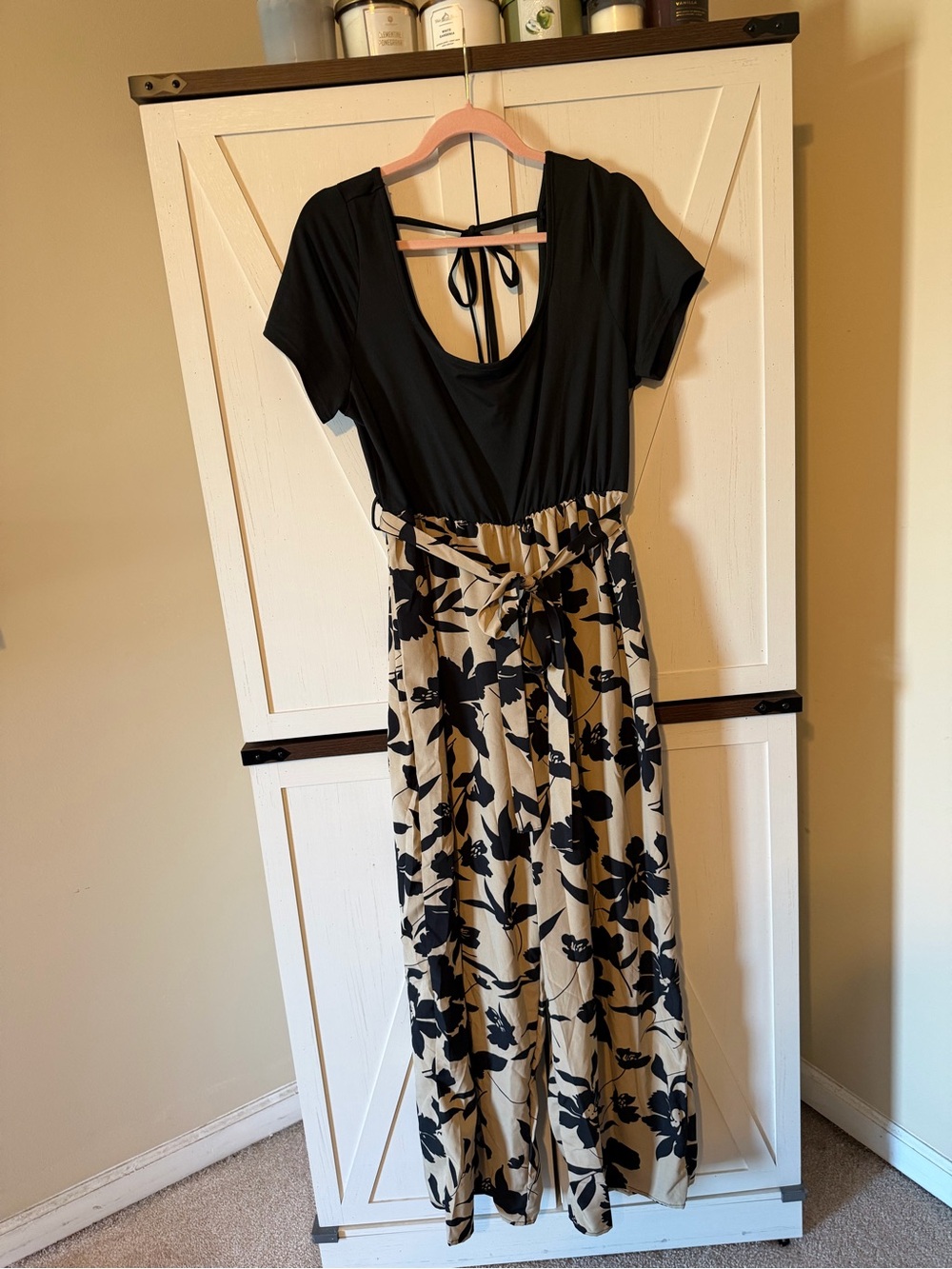SHEIN Black Top Cream Maxi jumpsuit with Floral Pants